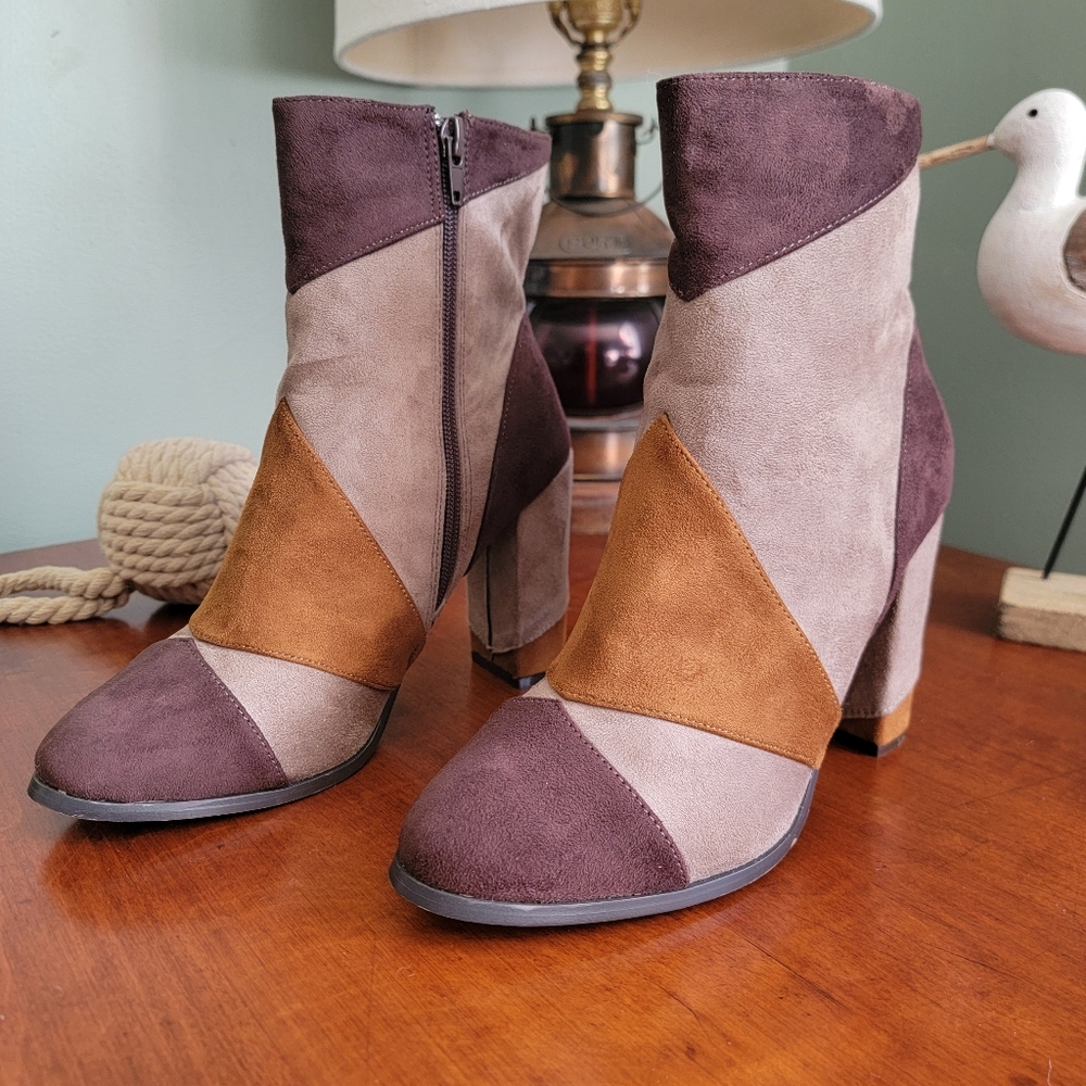 NYLA Olygpatch Size 7 Colorblock Patchwork Suede Ankle Booties Brown Tan